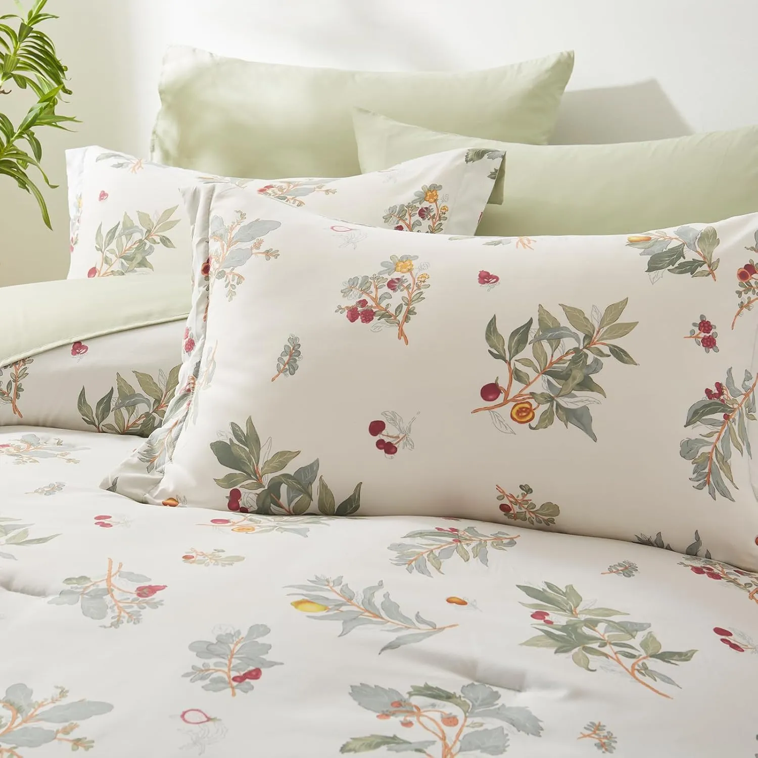 EMME Botanical Sage Green Comforter Set King Size 7 Pieces＿Brushed Microfiber Bed in a Bag for Girls, Ultra Soft Bedding Set with Sheets (Sage Green, King (7 Piece), Adult