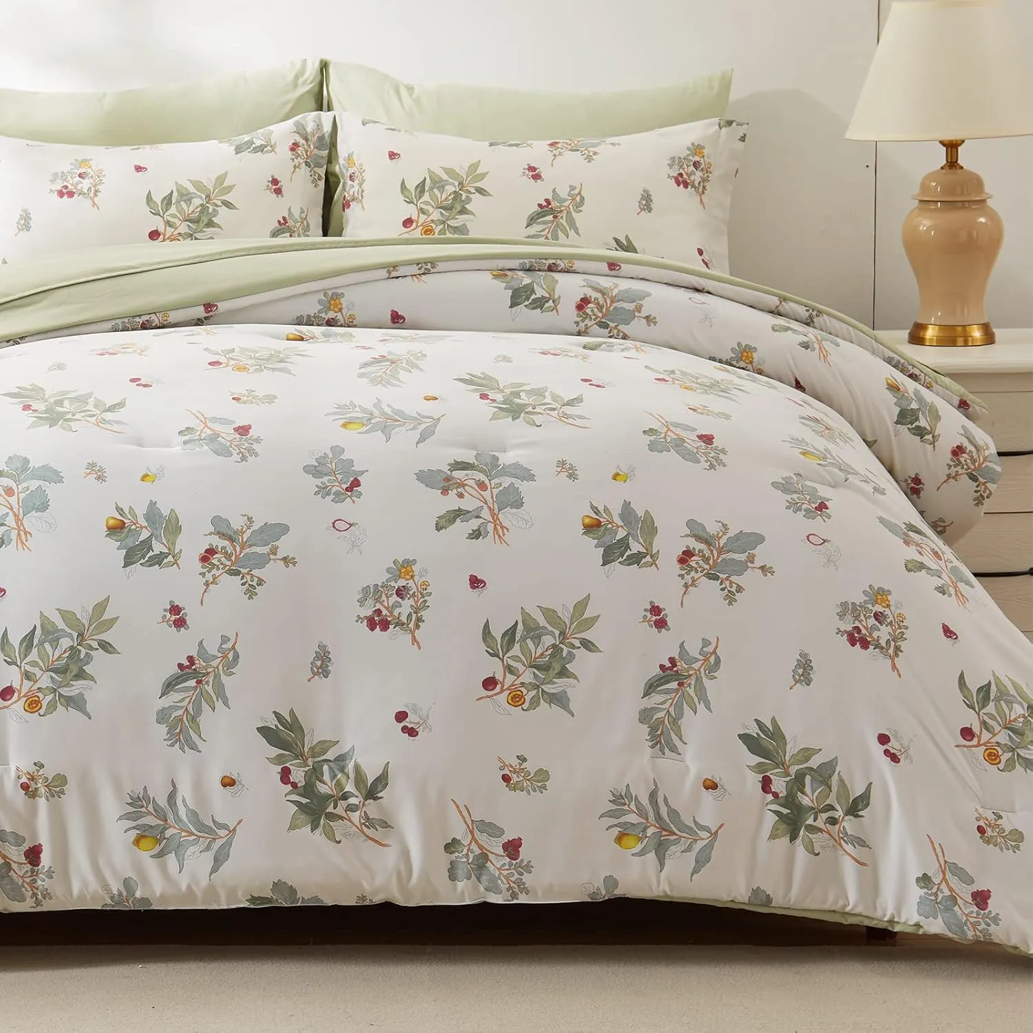 EMME Botanical Sage Green Comforter Set King Size 7 Pieces＿Brushed Microfiber Bed in a Bag for Girls, Ultra Soft Bedding Set with Sheets (Sage Green, King (7 Piece), Adult