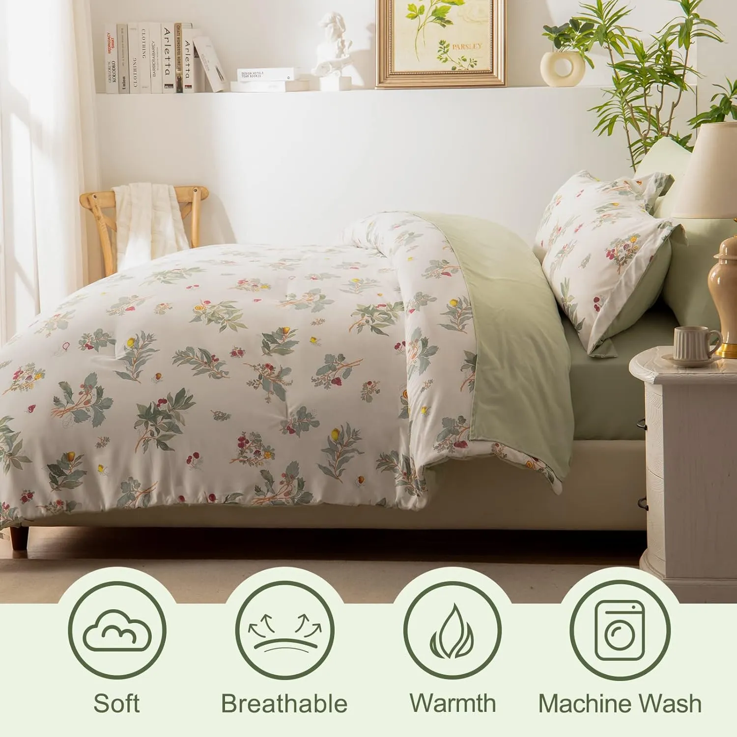 EMME Botanical Sage Green Comforter Set King Size 7 Pieces＿Brushed Microfiber Bed in a Bag for Girls, Ultra Soft Bedding Set with Sheets (Sage Green, King (7 Piece), Adult