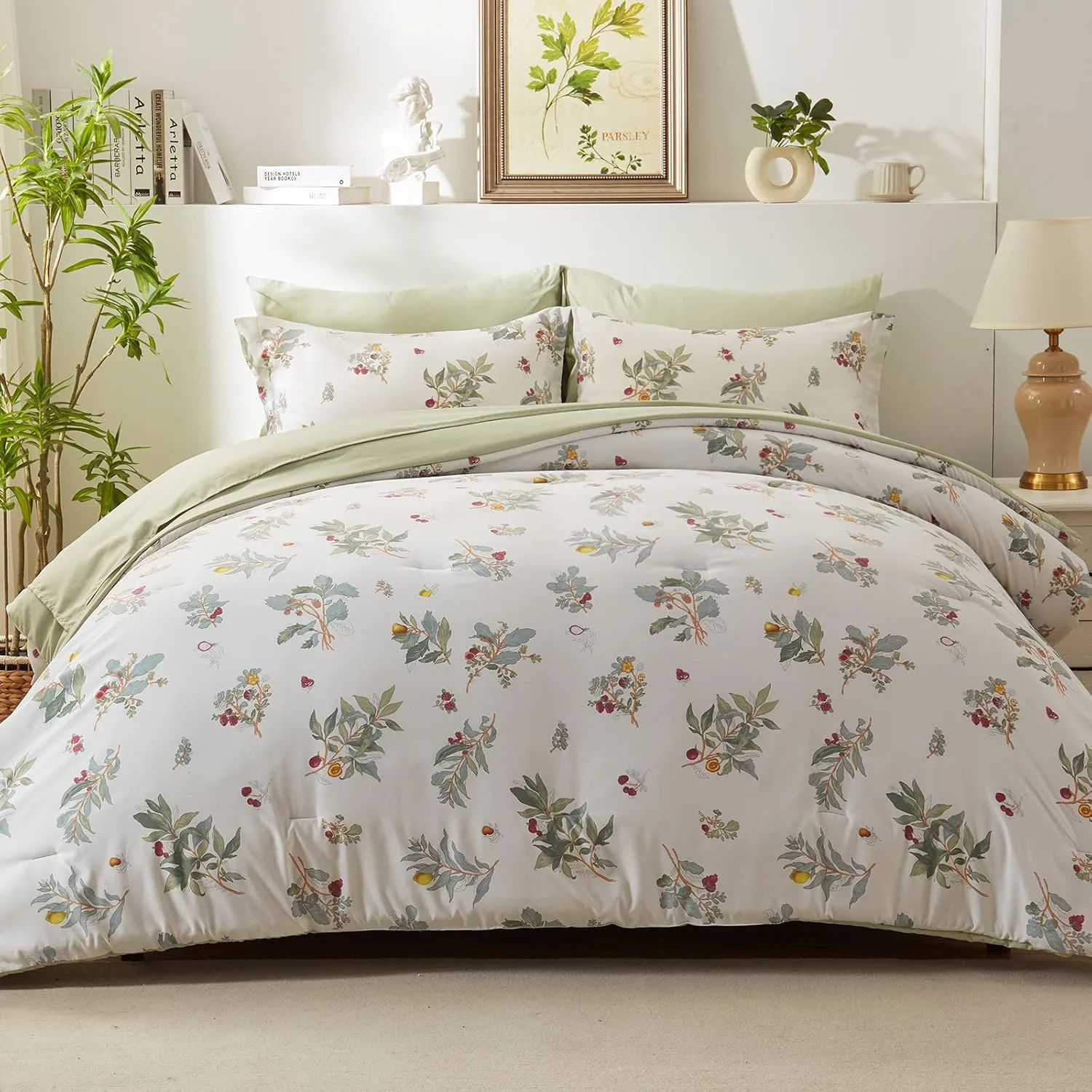 EMME Botanical Sage Green Comforter Set King Size 7 Pieces＿Brushed Microfiber Bed in a Bag for Girls, Ultra Soft Bedding Set with Sheets (Sage Green, King (7 Piece), Adult