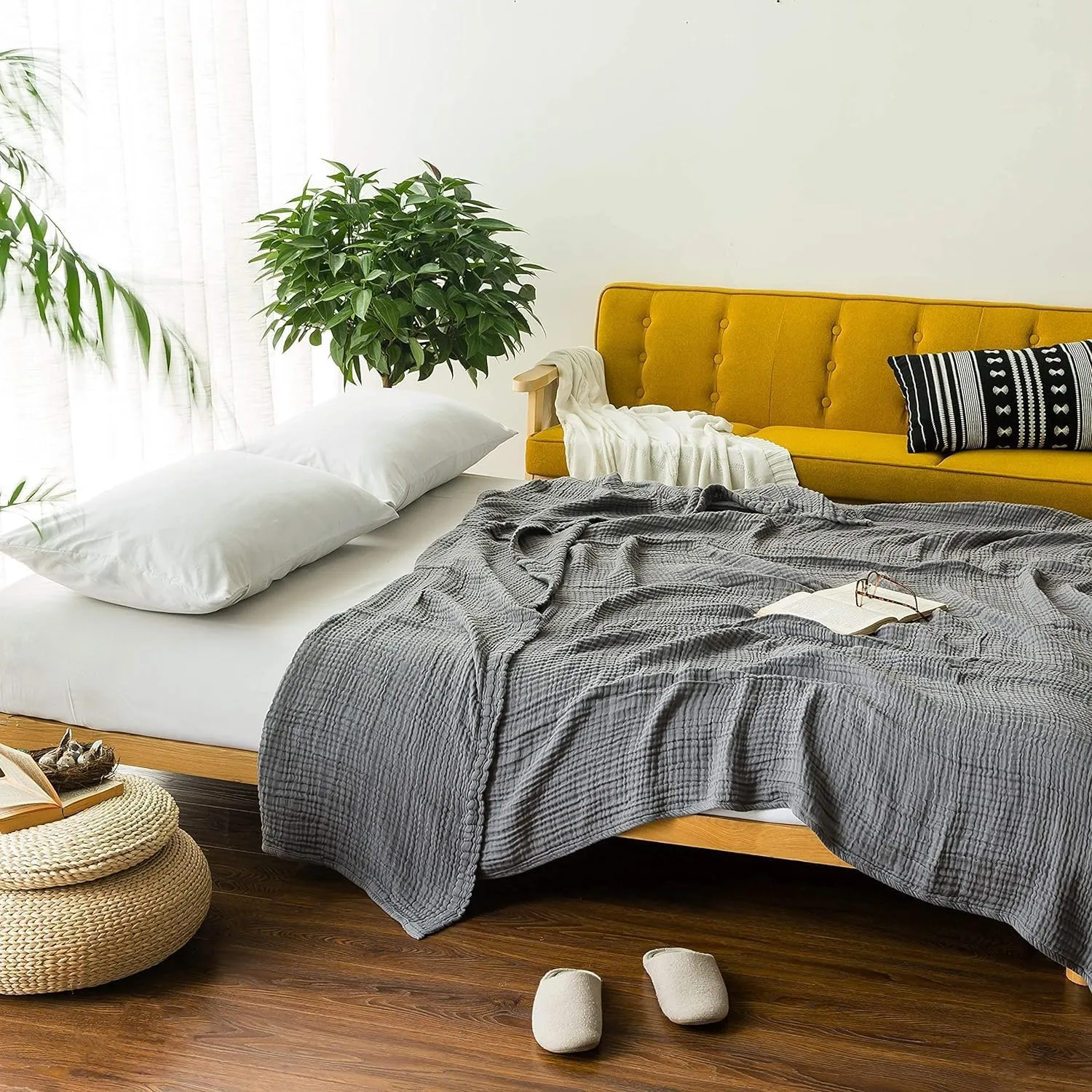 EMME Cotton, Muslin Throw Blanket for Couch Bed 4-Layer Breathable Gauze Blanket for All Season Soft and Lightweight Blankets for Adults (Grey, 55"x75")
