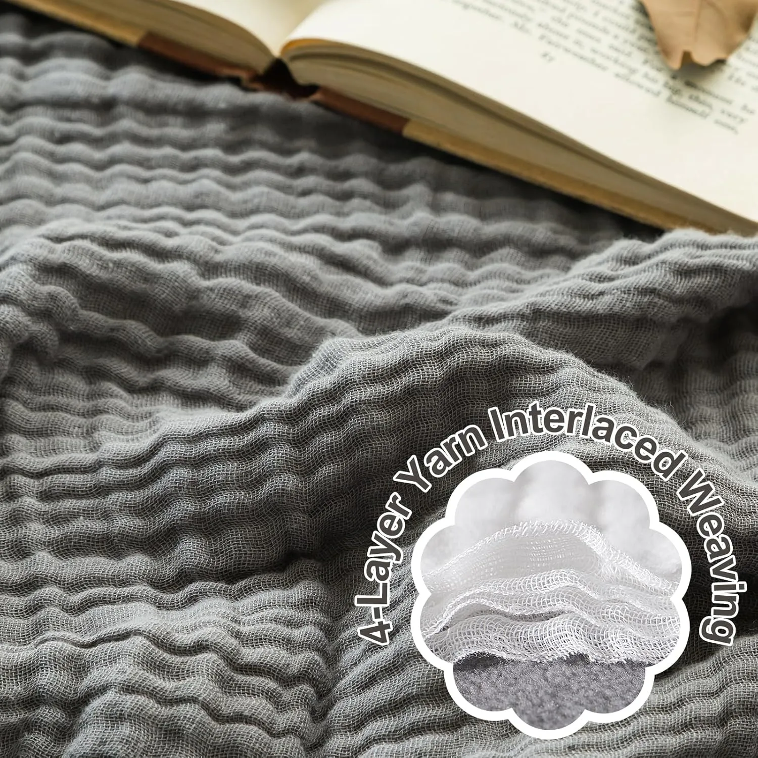 EMME Cotton, Muslin Throw Blanket for Couch Bed 4-Layer Breathable Gauze Blanket for All Season Soft and Lightweight Blankets for Adults (Grey, 55"x75")