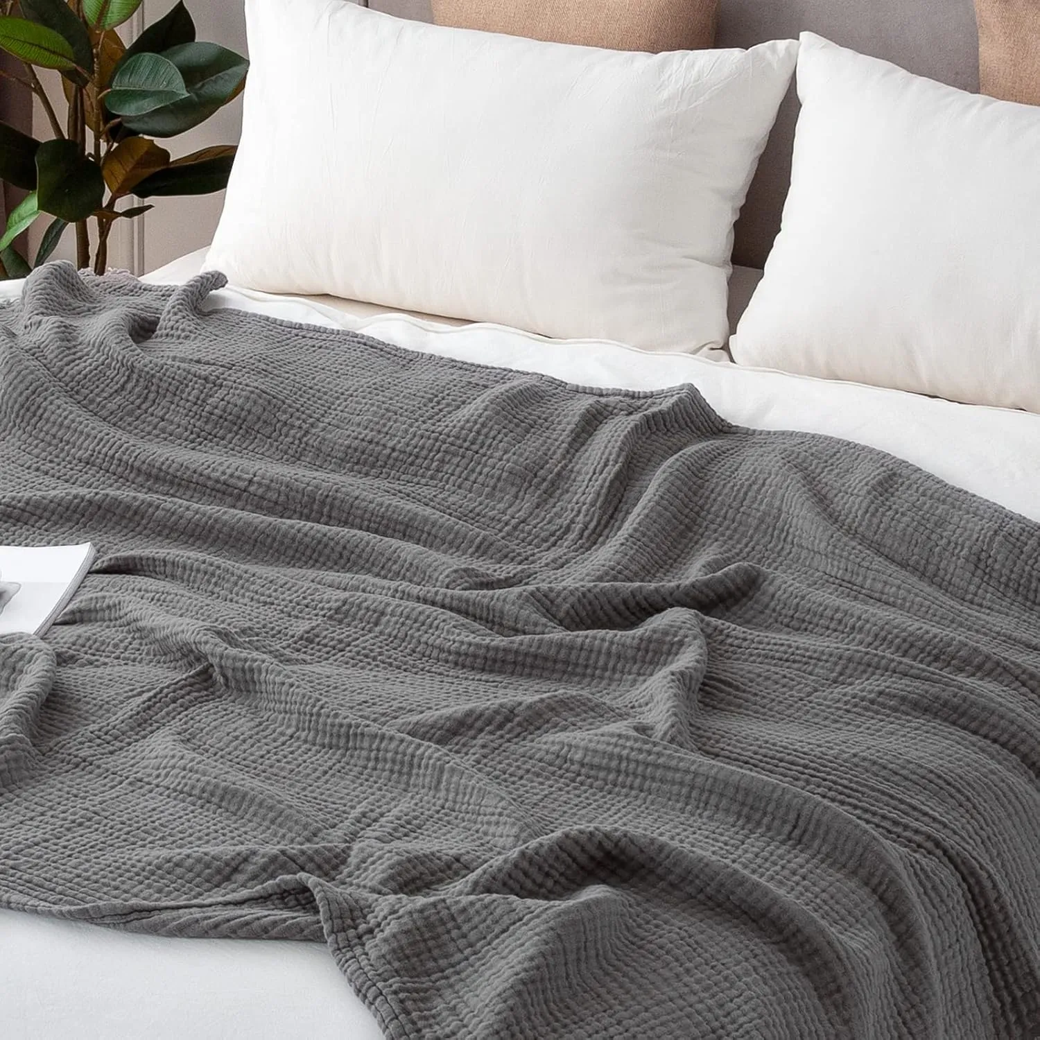 EMME Cotton, Muslin Throw Blanket for Couch Bed 4-Layer Breathable Gauze Blanket for All Season Soft and Lightweight Blankets for Adults (Grey, 55"x75")