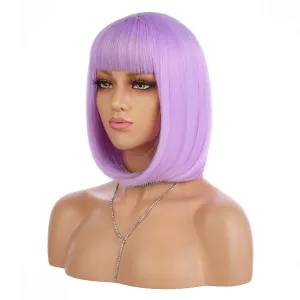 eNilecor Short Bob Hair Wigs 12" Straight with Flat Bangs Synthetic Colorful Cosplay Daily Party Wig for Women Natural As Real Hair  Free Wig Cap (Lavender Purple)