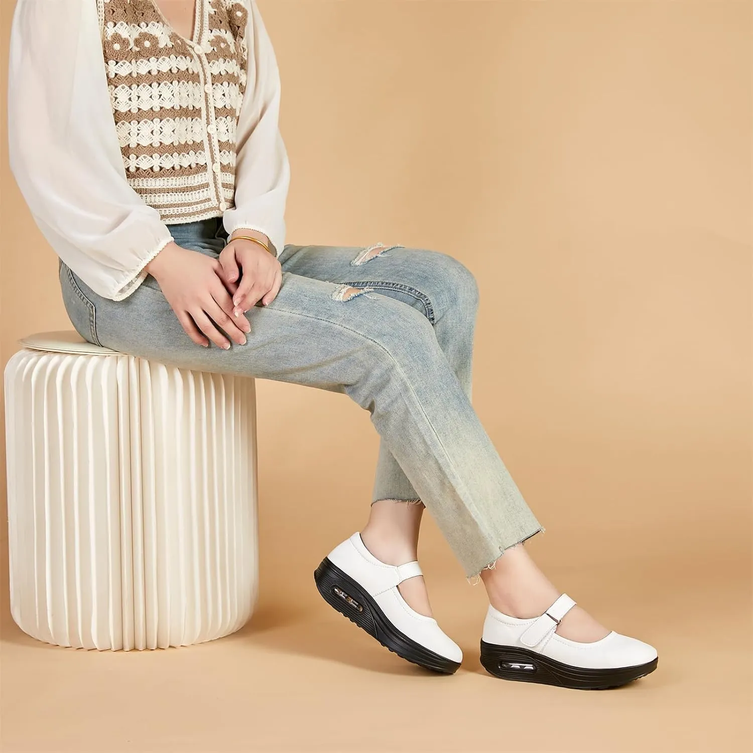 EnllerviiD Women Mary Jane Shoes Buckle Air-Cushion Casual Chunky Heel Round Toe Uniform Dress Platform Wedge Shoes Comfort Pumps Walking Shoes