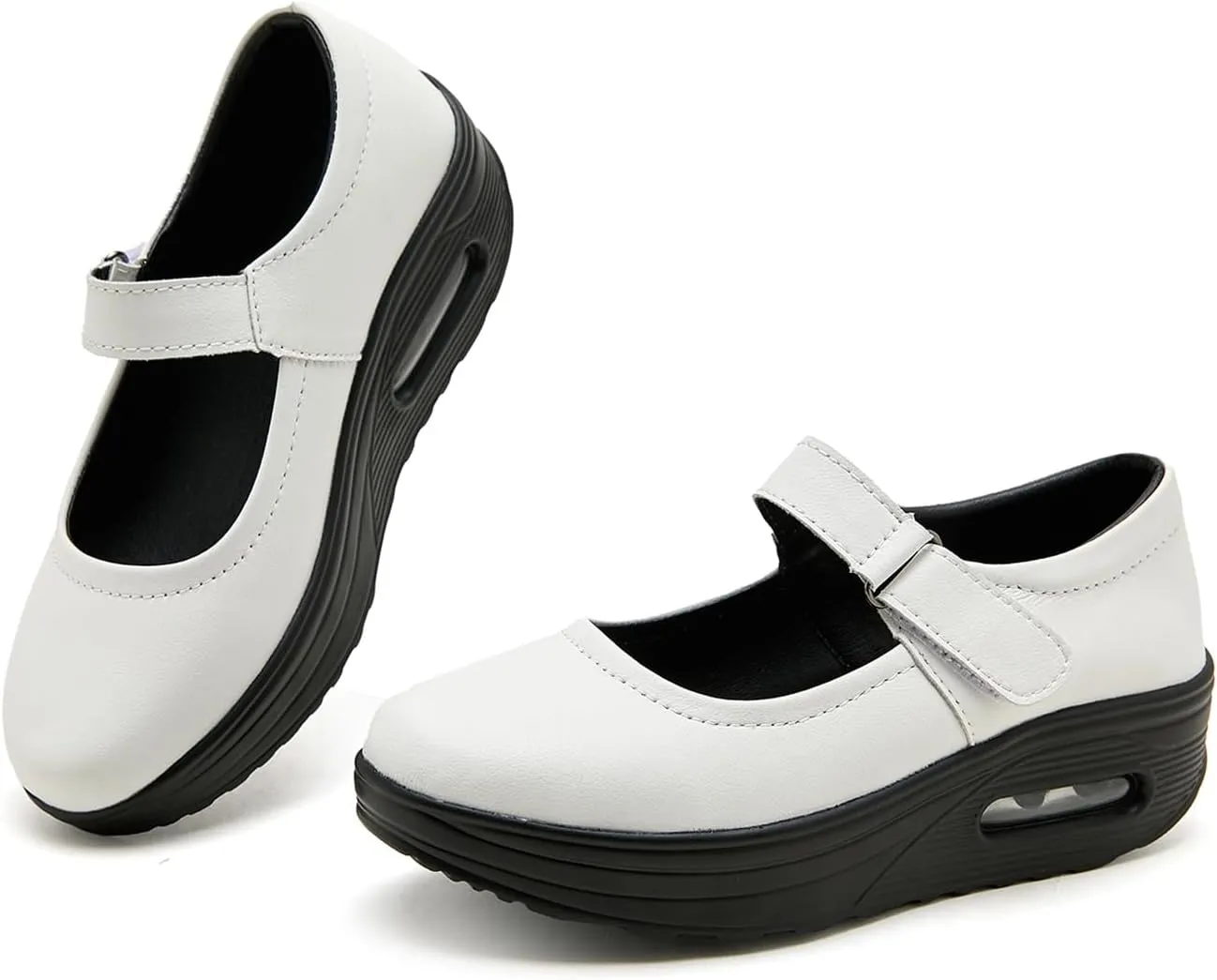 EnllerviiD Women Mary Jane Shoes Buckle Air-Cushion Casual Chunky Heel Round Toe Uniform Dress Platform Wedge Shoes Comfort Pumps Walking Shoes