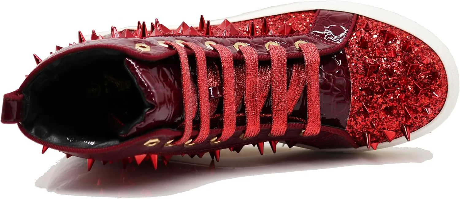 Enzo Romeo Men's High Top Crystal Shimmer Rhinestone Blink Flat Spike Fashion Sneakers Shoes BUL2