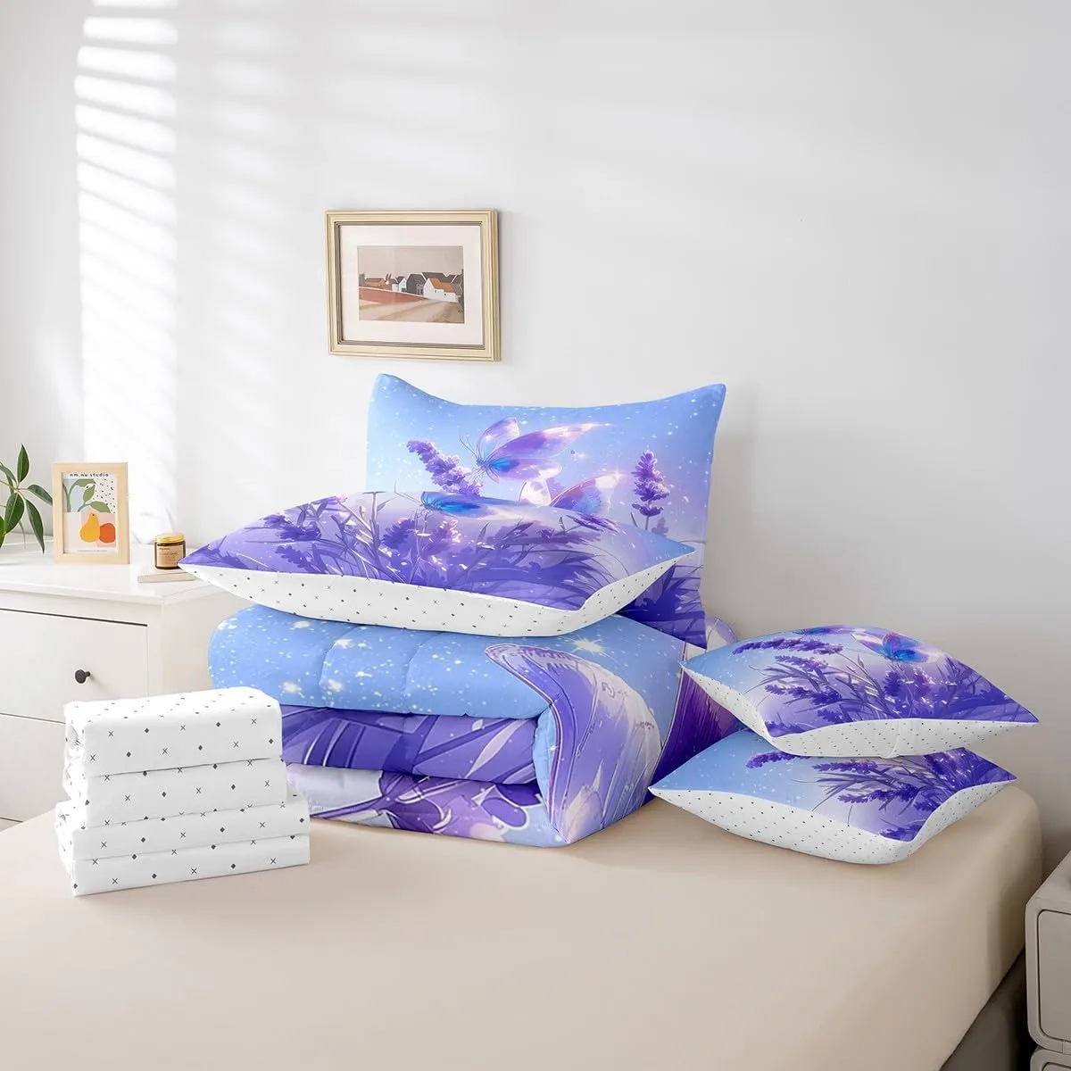 Erosebridal Beautiful Butterfly Bedding Comforter Sets Lavender Flowers Bed in A Bag 7 Pcs Romantic Starry Sky Bedding Set Queen Size Bedroom Decor Dreamy Blue Purple Comforter Set for Girls Women