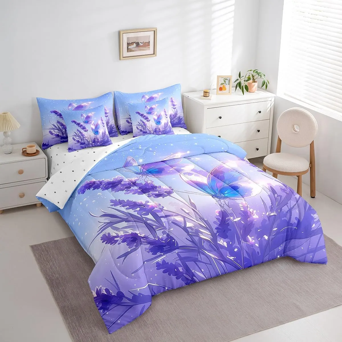 Erosebridal Beautiful Butterfly Bedding Comforter Sets Lavender Flowers Bed in A Bag 7 Pcs Romantic Starry Sky Bedding Set Queen Size Bedroom Decor Dreamy Blue Purple Comforter Set for Girls Women