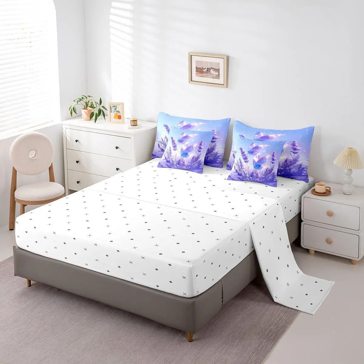 Erosebridal Beautiful Butterfly Bedding Comforter Sets Lavender Flowers Bed in A Bag 7 Pcs Romantic Starry Sky Bedding Set Queen Size Bedroom Decor Dreamy Blue Purple Comforter Set for Girls Women