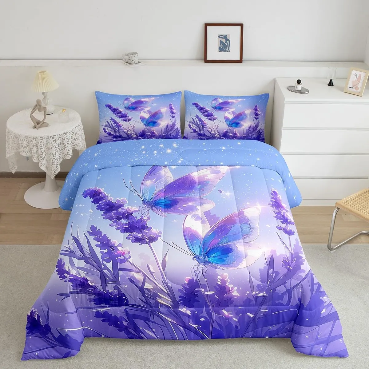 Erosebridal Beautiful Butterfly Bedding Comforter Sets Lavender Flowers Bed in A Bag 7 Pcs Romantic Starry Sky Bedding Set Queen Size Bedroom Decor Dreamy Blue Purple Comforter Set for Girls Women