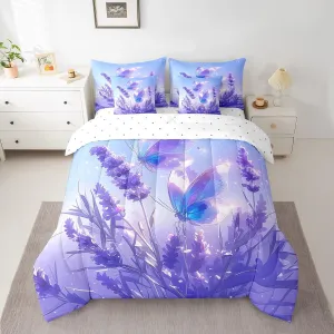 Erosebridal Beautiful Butterfly Bedding Comforter Sets Lavender Flowers Bed in A Bag 7 Pcs Romantic Starry Sky Bedding Set Queen Size Bedroom Decor Dreamy Blue Purple Comforter Set for Girls Women