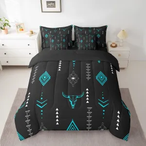 Erosebridal Bull Skull 7 Pcs Comforter Set Full Boho Horns Bedding Kids Ethnic Bohemian Bed in A Bag Sheet Set Tribal Symbol Mysterious Aztec Room Decor Geometric Abstract Black Teal Bed Set