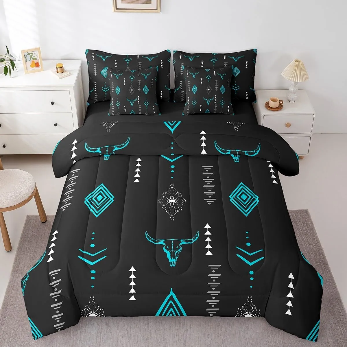 Erosebridal Bull Skull 7 Pcs Comforter Set Full Boho Horns Bedding Kids Ethnic Bohemian Bed in A Bag Sheet Set Tribal Symbol Mysterious Aztec Room Decor Geometric Abstract Black Teal Bed Set