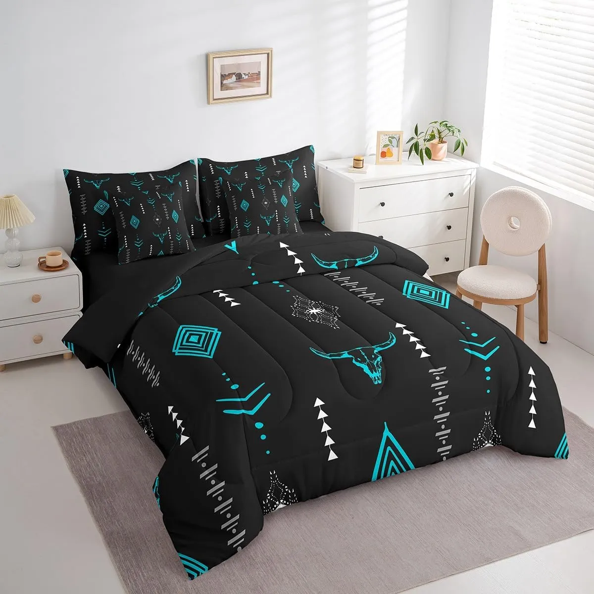 Erosebridal Bull Skull 7 Pcs Comforter Set Full Boho Horns Bedding Kids Ethnic Bohemian Bed in A Bag Sheet Set Tribal Symbol Mysterious Aztec Room Decor Geometric Abstract Black Teal Bed Set