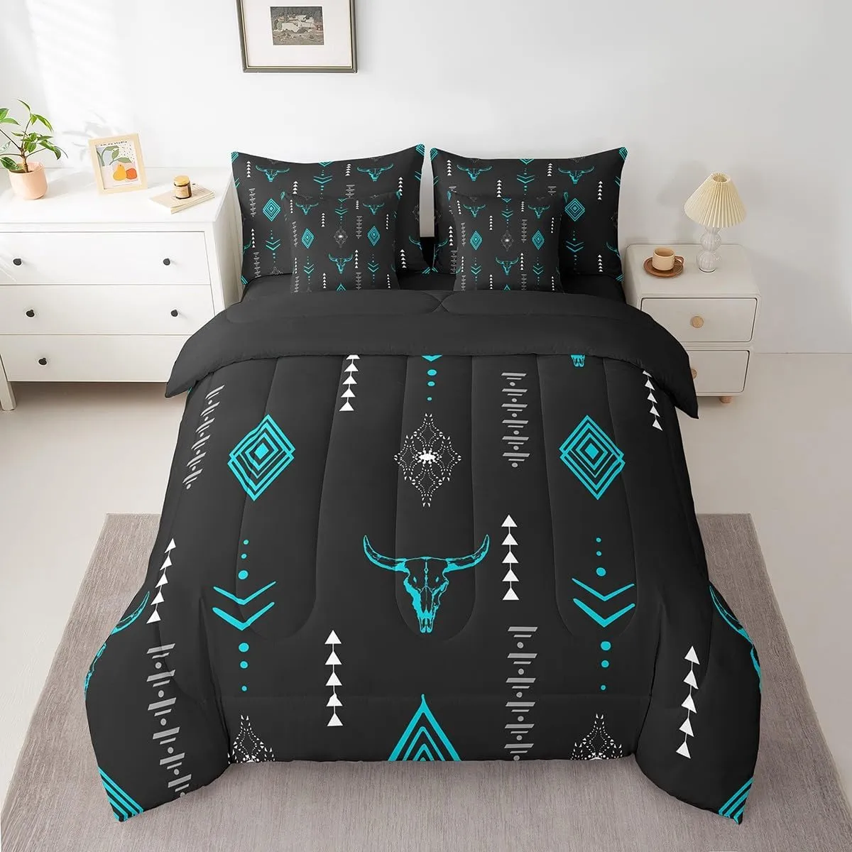 Erosebridal Bull Skull 7 Pcs Comforter Set Full Boho Horns Bedding Kids Ethnic Bohemian Bed in A Bag Sheet Set Tribal Symbol Mysterious Aztec Room Decor Geometric Abstract Black Teal Bed Set