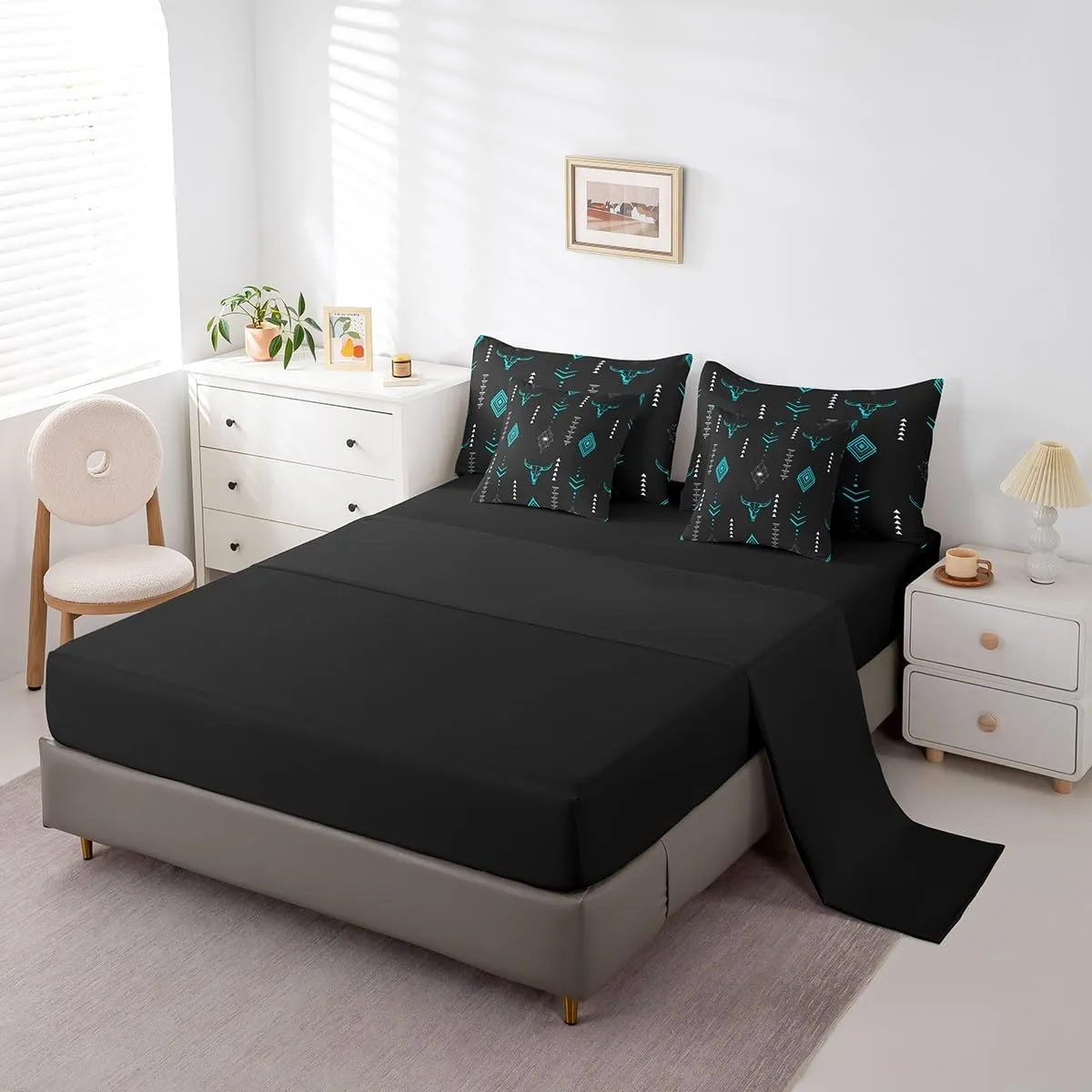 Erosebridal Bull Skull 7 Pcs Comforter Set Full Boho Horns Bedding Kids Ethnic Bohemian Bed in A Bag Sheet Set Tribal Symbol Mysterious Aztec Room Decor Geometric Abstract Black Teal Bed Set