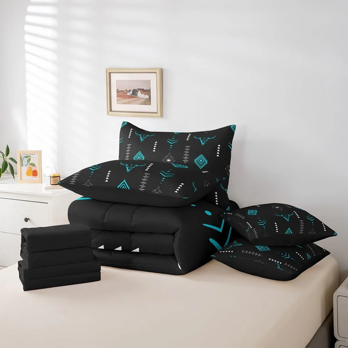 Erosebridal Bull Skull 7 Pcs Comforter Set Full Boho Horns Bedding Kids Ethnic Bohemian Bed in A Bag Sheet Set Tribal Symbol Mysterious Aztec Room Decor Geometric Abstract Black Teal Bed Set