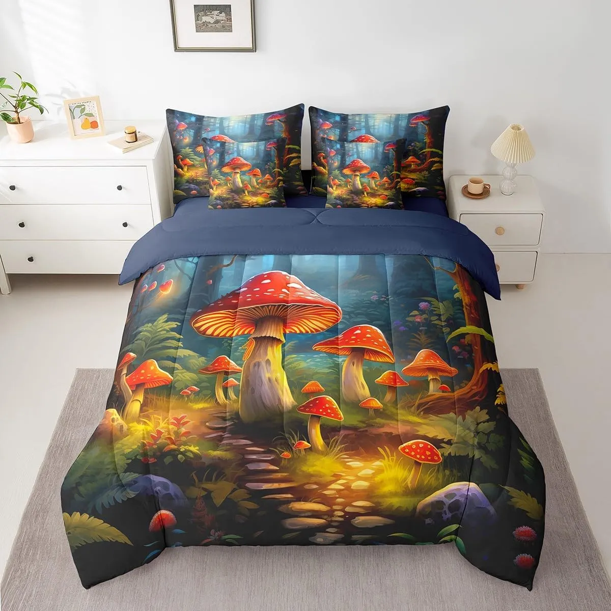 Erosebridal Cartoon Mushroom Comforter Set King Size,Cute Jungle Woodland Bed in a Bag for Kids Boys Girls Teens,Natural Wild Fungus Bed Set,Plants Botanical Reversible Bed Sets with Sheet Set