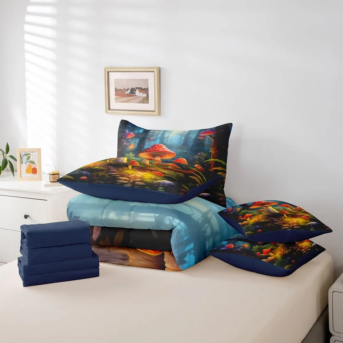 Erosebridal Cartoon Mushroom Comforter Set King Size,Cute Jungle Woodland Bed in a Bag for Kids Boys Girls Teens,Natural Wild Fungus Bed Set,Plants Botanical Reversible Bed Sets with Sheet Set