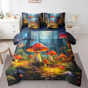 Erosebridal Cartoon Mushroom Comforter Set King Size,Cute Jungle Woodland Bed in a Bag for Kids Boys Girls Teens,Natural Wild Fungus Bed Set,Plants Botanical Reversible Bed Sets with Sheet Set