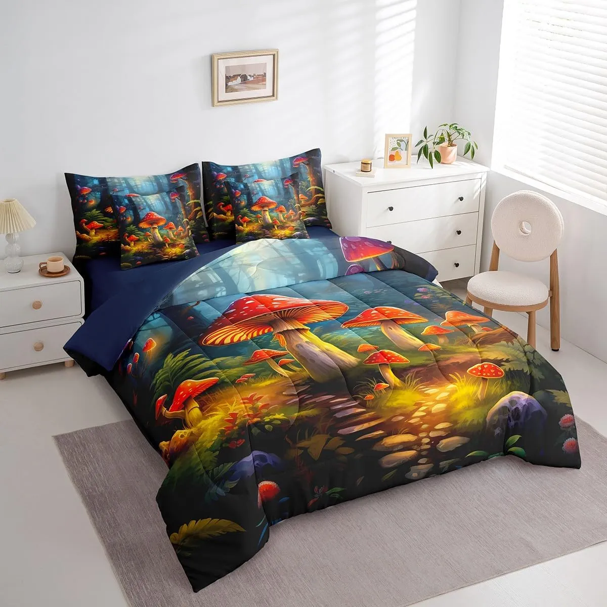 Erosebridal Cartoon Mushroom Comforter Set King Size,Cute Jungle Woodland Bed in a Bag for Kids Boys Girls Teens,Natural Wild Fungus Bed Set,Plants Botanical Reversible Bed Sets with Sheet Set