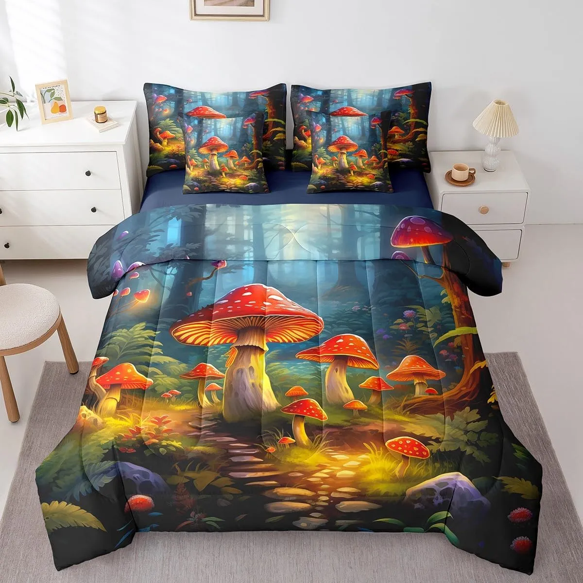 Erosebridal Cartoon Mushroom Comforter Set King Size,Cute Jungle Woodland Bed in a Bag for Kids Boys Girls Teens,Natural Wild Fungus Bed Set,Plants Botanical Reversible Bed Sets with Sheet Set