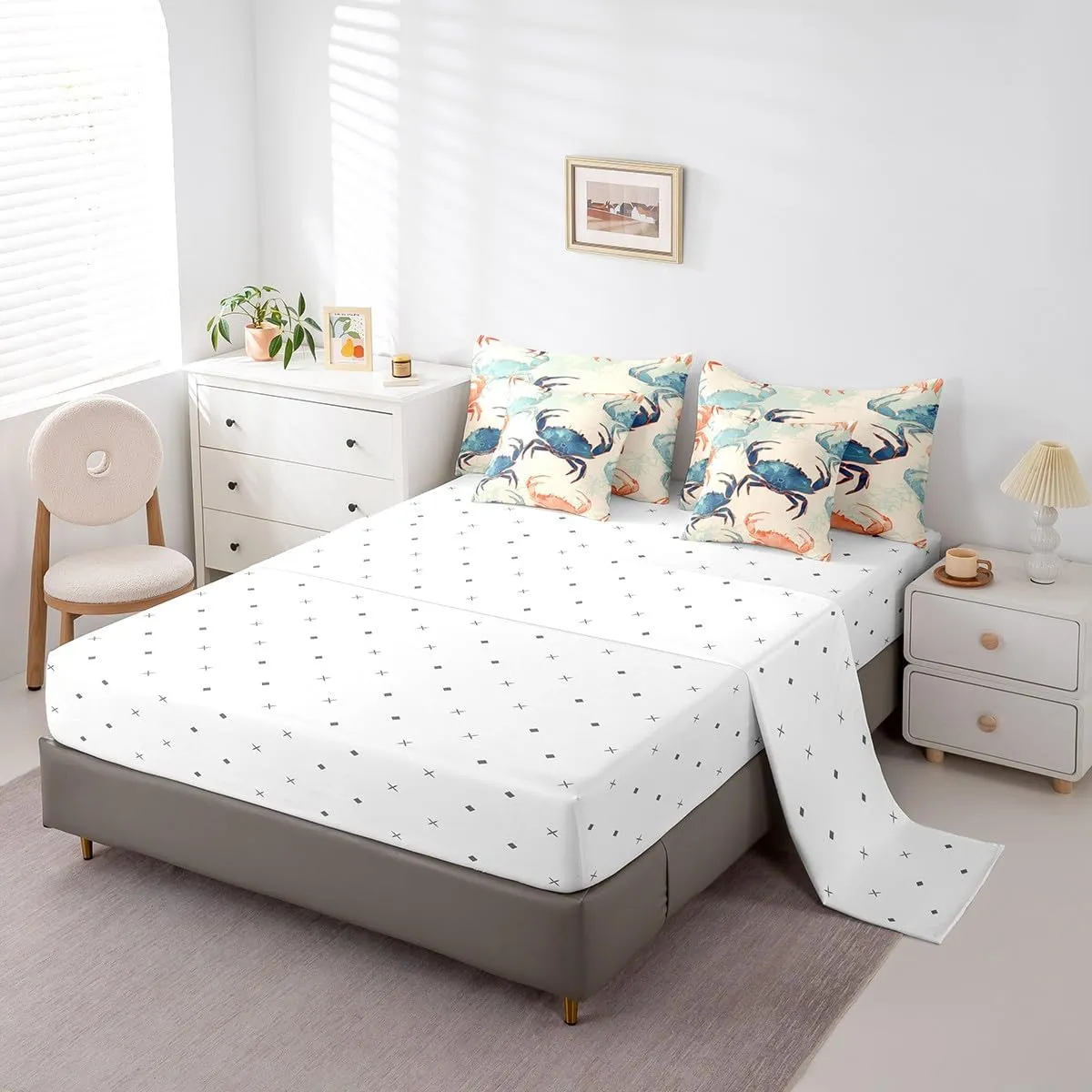 Erosebridal Crab Coastal 7 Pcs Comforter Set Full,Teal Blue Red Crabs Bed in a Bag with Flat Sheet and Fitted Sheet,Ocean Sea Animal Sheets,Cartoon Crabs Sea Beach Bedding Set with Pillowcase & Sham
