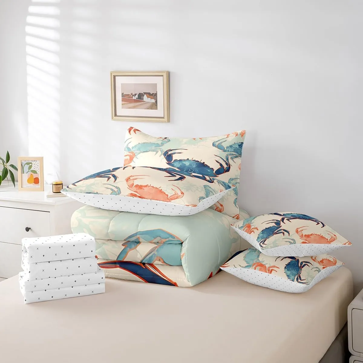 Erosebridal Crab Coastal 7 Pcs Comforter Set Full,Teal Blue Red Crabs Bed in a Bag with Flat Sheet and Fitted Sheet,Ocean Sea Animal Sheets,Cartoon Crabs Sea Beach Bedding Set with Pillowcase & Sham