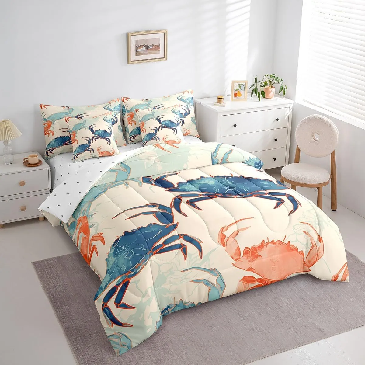 Erosebridal Crab Coastal 7 Pcs Comforter Set Full,Teal Blue Red Crabs Bed in a Bag with Flat Sheet and Fitted Sheet,Ocean Sea Animal Sheets,Cartoon Crabs Sea Beach Bedding Set with Pillowcase & Sham
