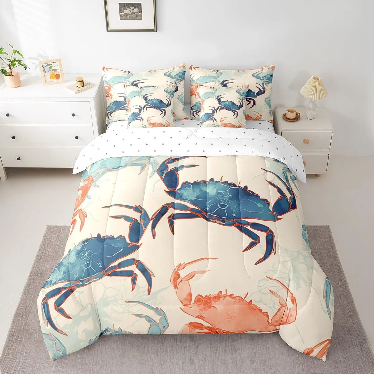 Erosebridal Crab Coastal 7 Pcs Comforter Set Full,Teal Blue Red Crabs Bed in a Bag with Flat Sheet and Fitted Sheet,Ocean Sea Animal Sheets,Cartoon Crabs Sea Beach Bedding Set with Pillowcase & Sham