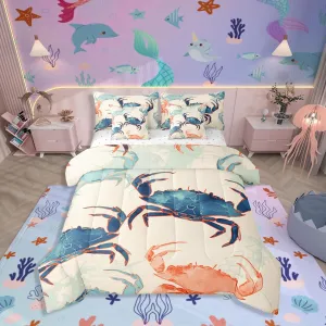 Erosebridal Crab Coastal 7 Pcs Comforter Set Full,Teal Blue Red Crabs Bed in a Bag with Flat Sheet and Fitted Sheet,Ocean Sea Animal Sheets,Cartoon Crabs Sea Beach Bedding Set with Pillowcase & Sham