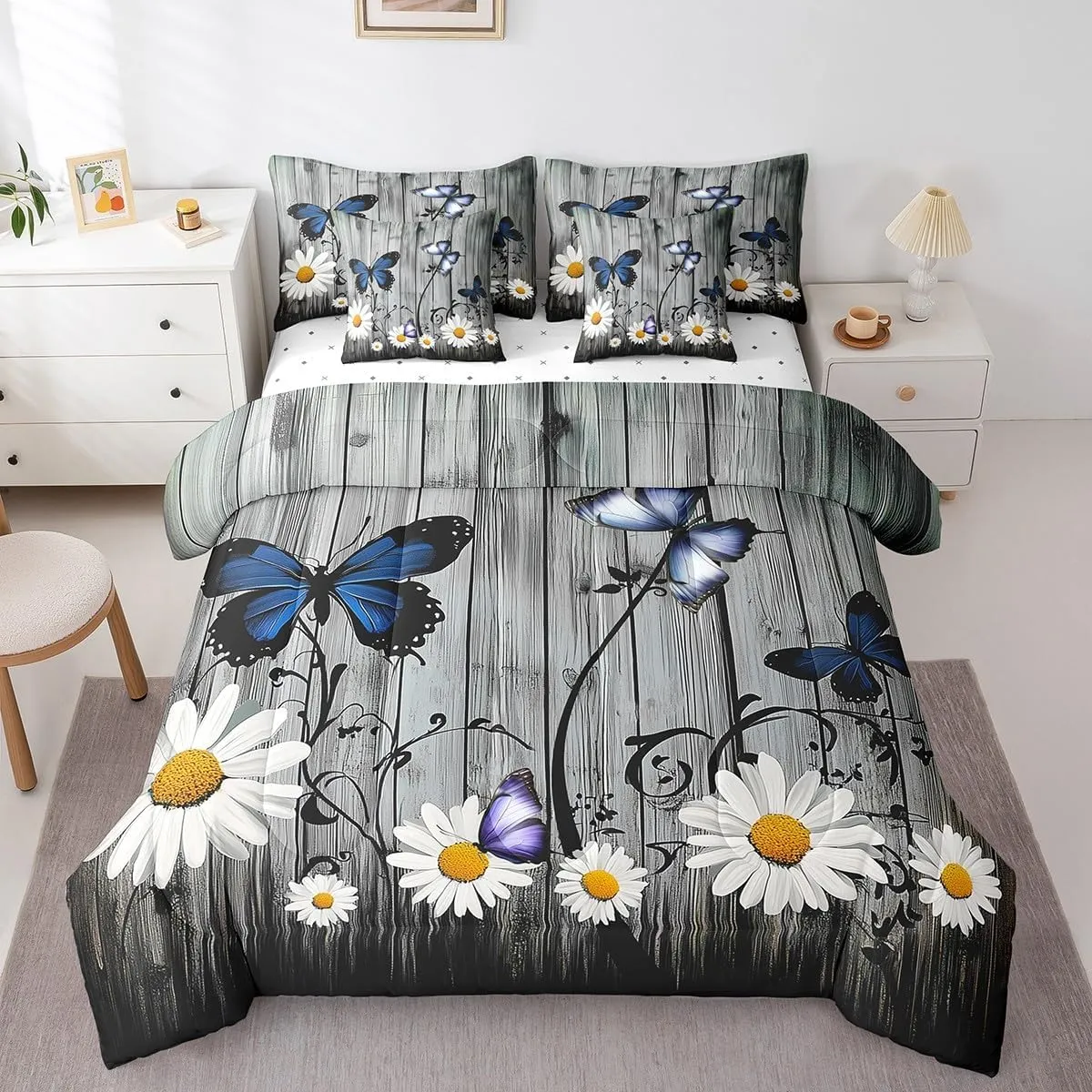 Erosebridal Daisy Comforter Set with Sheets 7 Piece, Kids Butterfly Floral Bed in A Bag Twin Size Rustic Farmhouse Bedding Sets Country Floral Wooden Planks Sheet Set with Pillow Cases, Grey