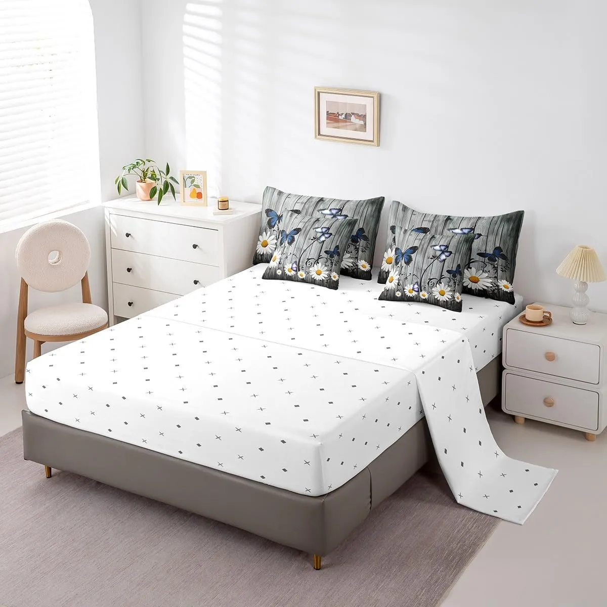 Erosebridal Daisy Comforter Set with Sheets 7 Piece, Kids Butterfly Floral Bed in A Bag Twin Size Rustic Farmhouse Bedding Sets Country Floral Wooden Planks Sheet Set with Pillow Cases, Grey
