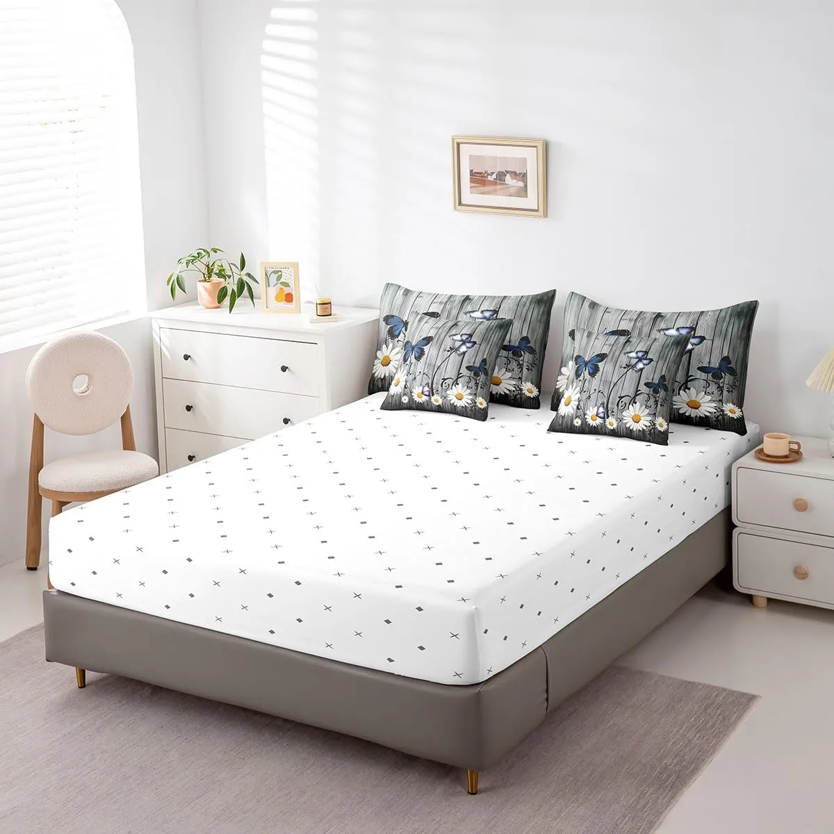 Erosebridal Daisy Comforter Set with Sheets 7 Piece, Kids Butterfly Floral Bed in A Bag Twin Size Rustic Farmhouse Bedding Sets Country Floral Wooden Planks Sheet Set with Pillow Cases, Grey