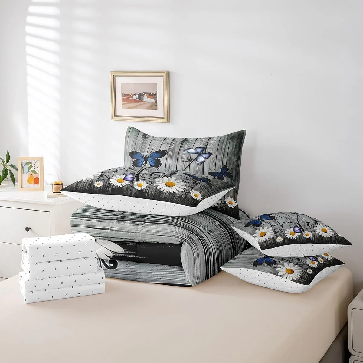 Erosebridal Daisy Comforter Set with Sheets 7 Piece, Kids Butterfly Floral Bed in A Bag Twin Size Rustic Farmhouse Bedding Sets Country Floral Wooden Planks Sheet Set with Pillow Cases, Grey