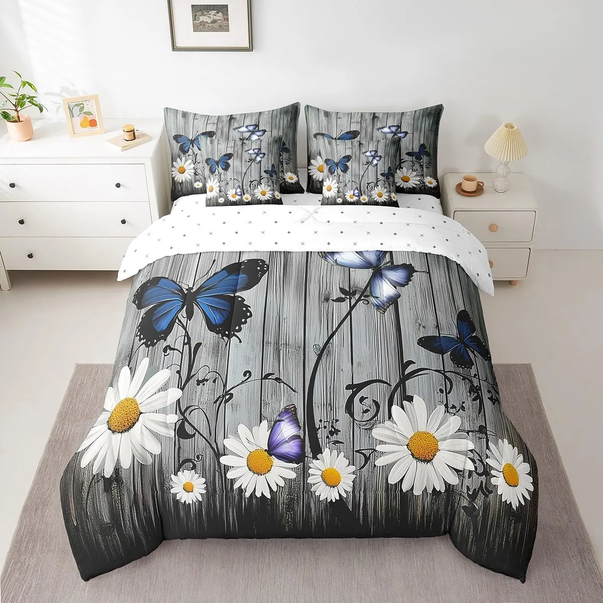 Erosebridal Daisy Comforter Set with Sheets 7 Piece, Kids Butterfly Floral Bed in A Bag Twin Size Rustic Farmhouse Bedding Sets Country Floral Wooden Planks Sheet Set with Pillow Cases, Grey