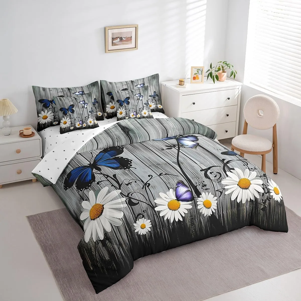 Erosebridal Daisy Comforter Set with Sheets 7 Piece, Kids Butterfly Floral Bed in A Bag Twin Size Rustic Farmhouse Bedding Sets Country Floral Wooden Planks Sheet Set with Pillow Cases, Grey