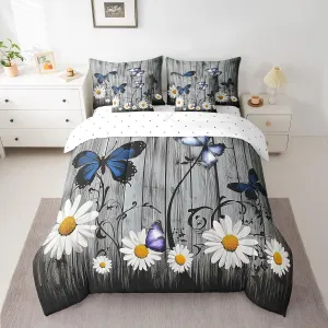 Erosebridal Daisy Comforter Set with Sheets 7 Piece, Kids Butterfly Floral Bed in A Bag Twin Size Rustic Farmhouse Bedding Sets Country Floral Wooden Planks Sheet Set with Pillow Cases, Grey