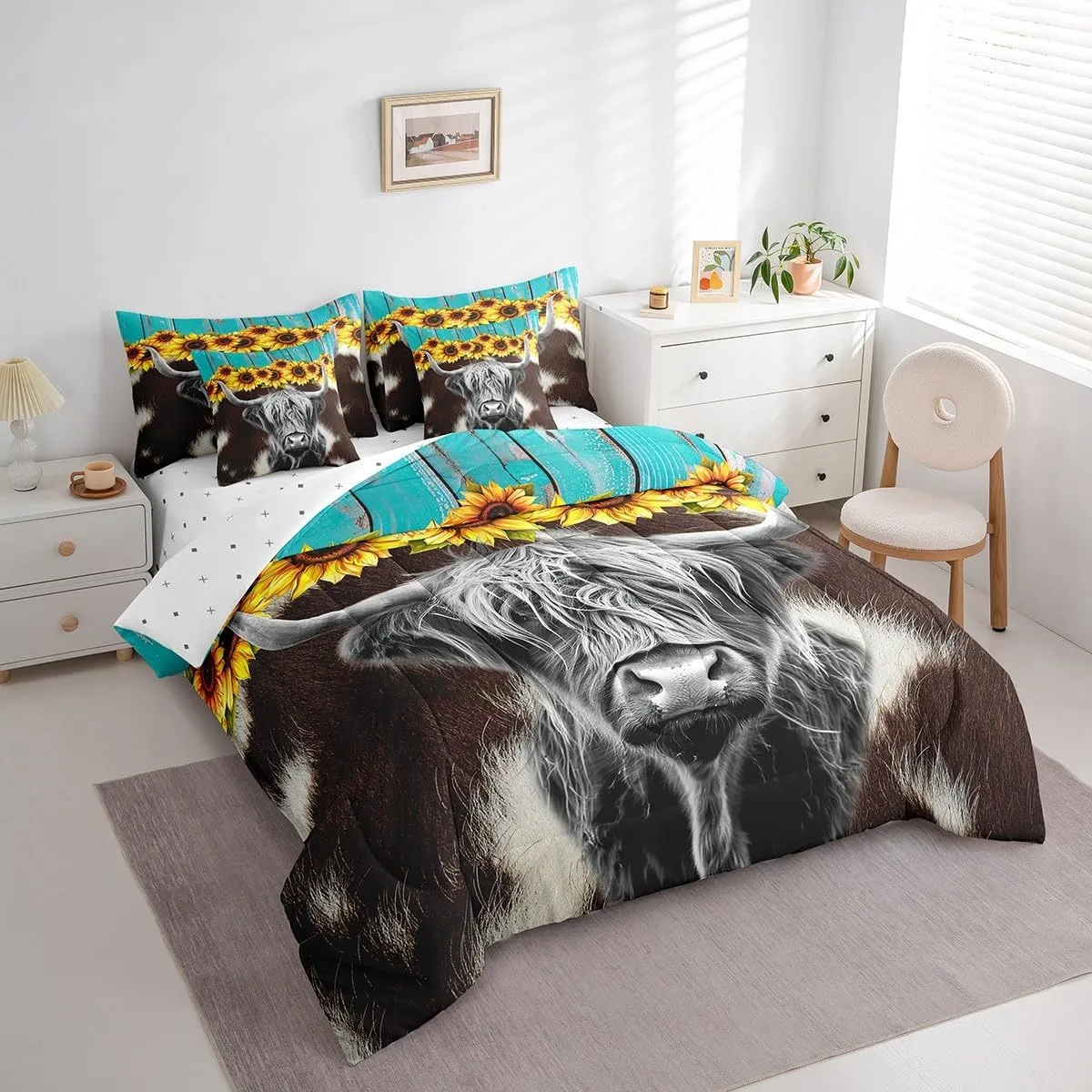 Erosebridal Highland Cow 7 Pcs Comforter Set Full (Not Real) Cowhide Bed in a Bag Sunflower Floral Duvet Set Cow Fur Print Flat Sheet Rustic Blue Wooden Barn Door Quilt Funny Farm Animals Bedding
