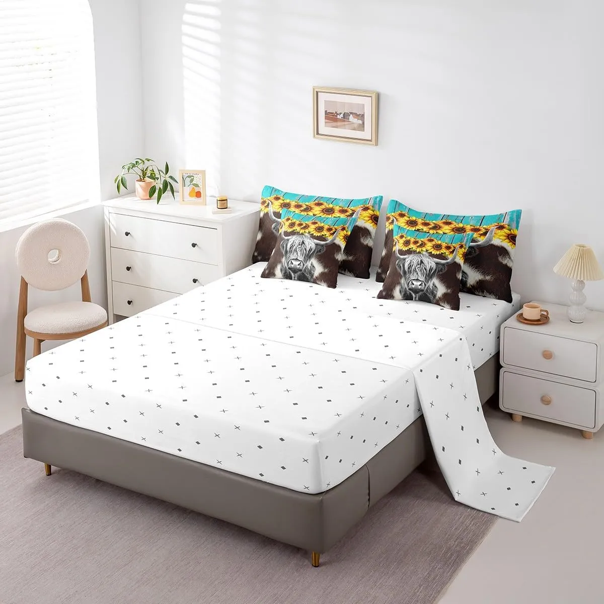 Erosebridal Highland Cow 7 Pcs Comforter Set Full (Not Real) Cowhide Bed in a Bag Sunflower Floral Duvet Set Cow Fur Print Flat Sheet Rustic Blue Wooden Barn Door Quilt Funny Farm Animals Bedding