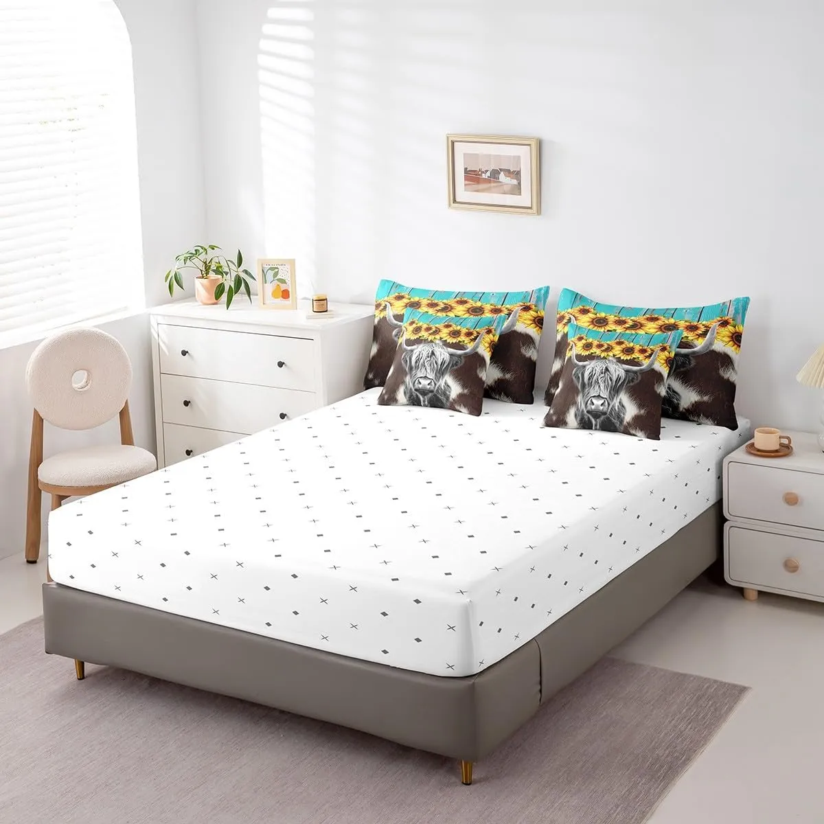 Erosebridal Highland Cow 7 Pcs Comforter Set Full (Not Real) Cowhide Bed in a Bag Sunflower Floral Duvet Set Cow Fur Print Flat Sheet Rustic Blue Wooden Barn Door Quilt Funny Farm Animals Bedding