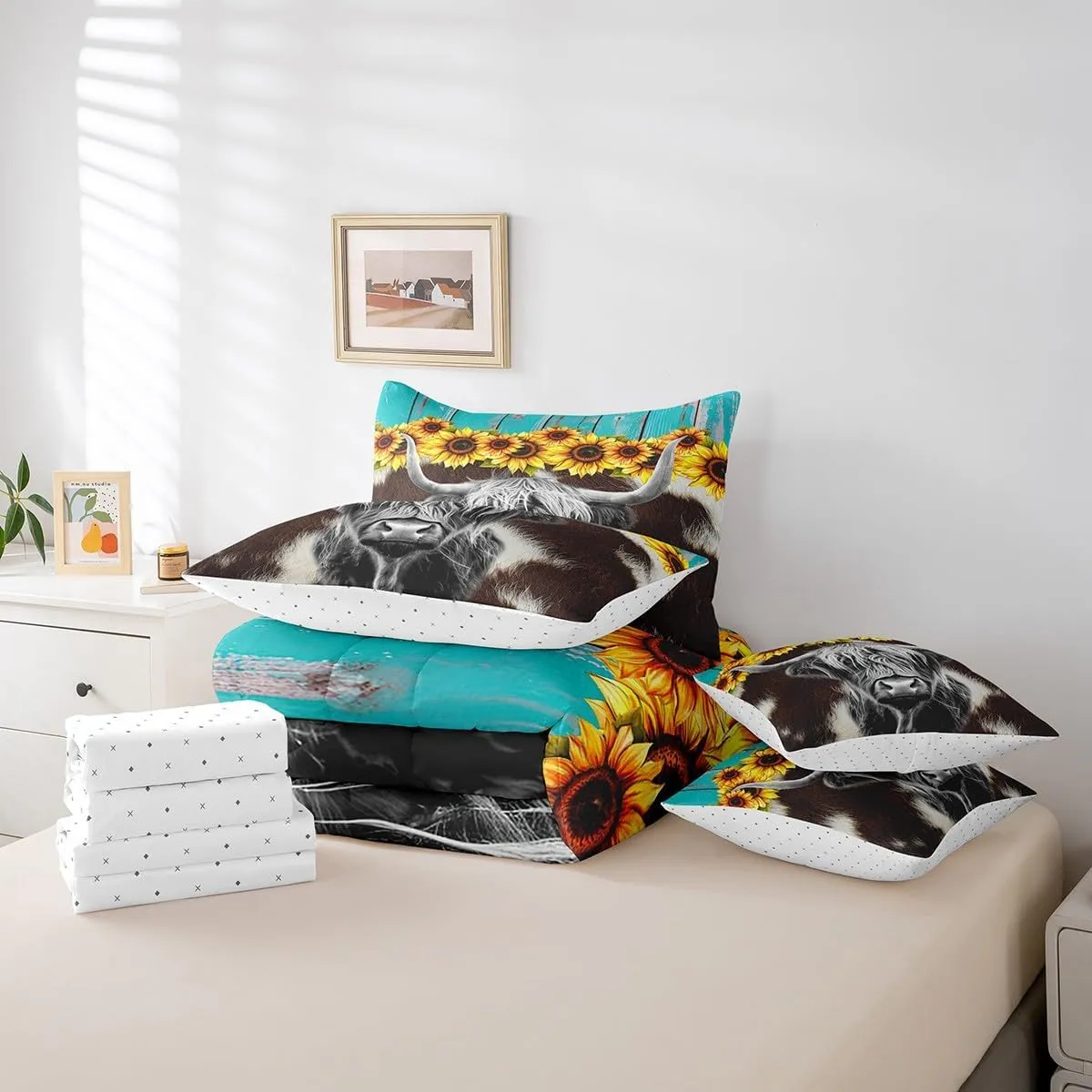 Erosebridal Highland Cow 7 Pcs Comforter Set Full (Not Real) Cowhide Bed in a Bag Sunflower Floral Duvet Set Cow Fur Print Flat Sheet Rustic Blue Wooden Barn Door Quilt Funny Farm Animals Bedding