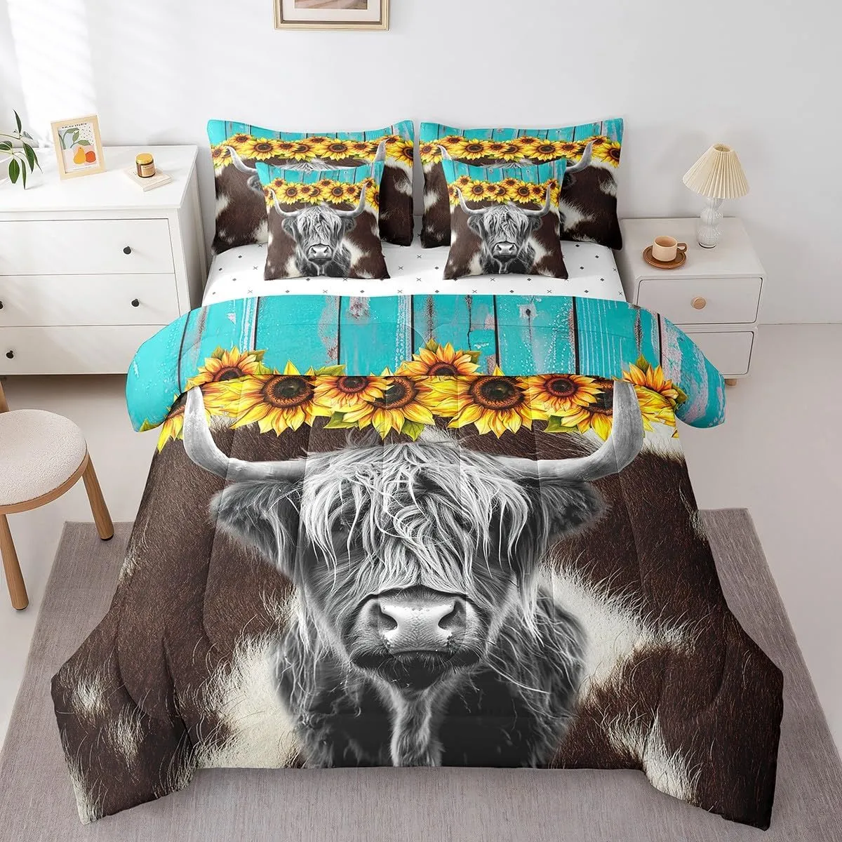 Erosebridal Highland Cow 7 Pcs Comforter Set Full (Not Real) Cowhide Bed in a Bag Sunflower Floral Duvet Set Cow Fur Print Flat Sheet Rustic Blue Wooden Barn Door Quilt Funny Farm Animals Bedding