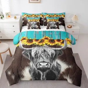 Erosebridal Highland Cow 7 Pcs Comforter Set Full (Not Real) Cowhide Bed in a Bag Sunflower Floral Duvet Set Cow Fur Print Flat Sheet Rustic Blue Wooden Barn Door Quilt Funny Farm Animals Bedding