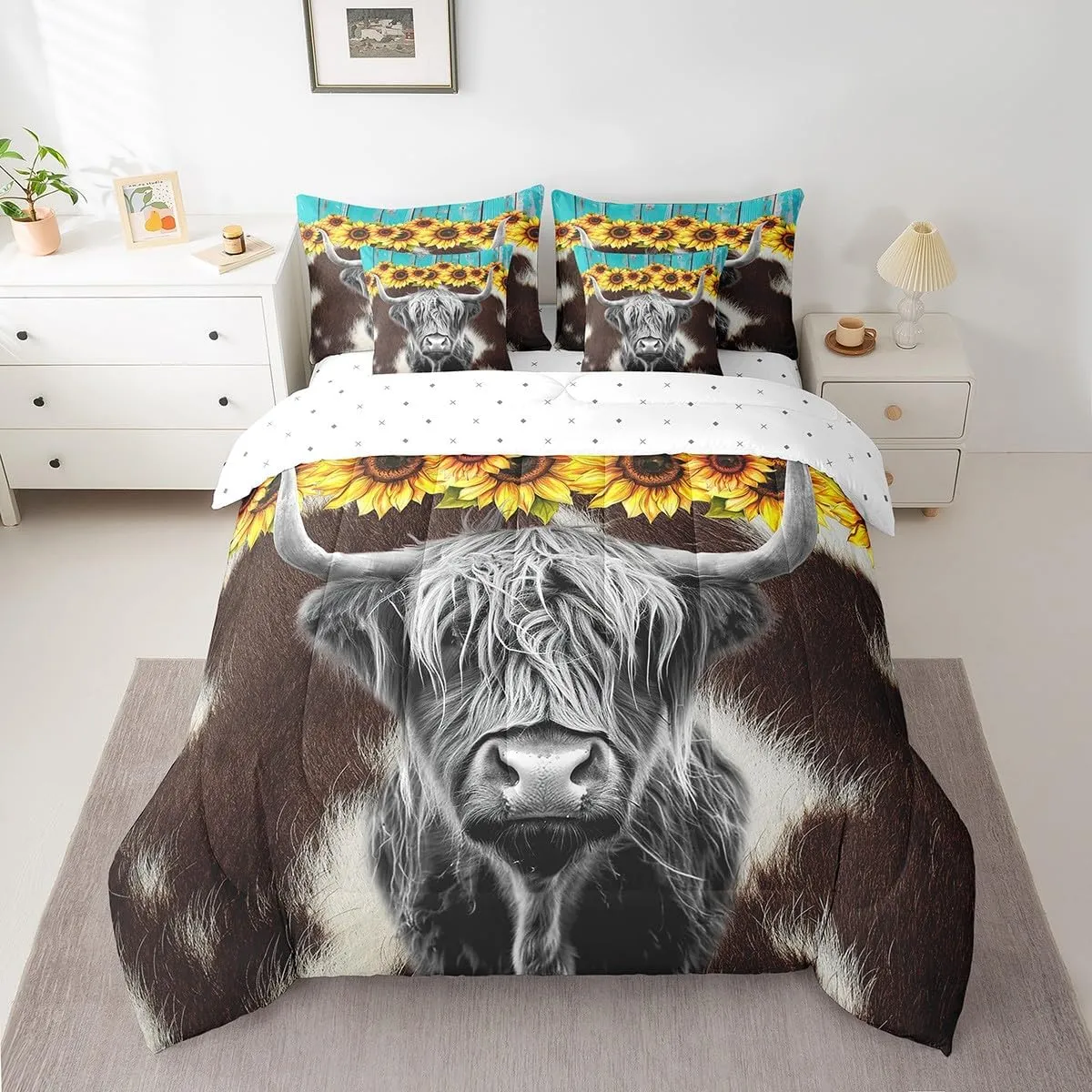 Erosebridal Highland Cow 7 Pcs Comforter Set Full (Not Real) Cowhide Bed in a Bag Sunflower Floral Duvet Set Cow Fur Print Flat Sheet Rustic Blue Wooden Barn Door Quilt Funny Farm Animals Bedding