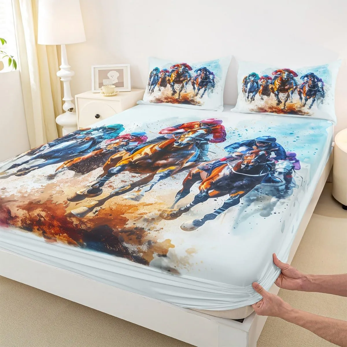 Erosebridal Horse Race King Bed Sheets Western Cowboy Rider Bedding Set Sports Theme Competitive Competition Sheet Set for Kids Boys Teen Adults,Rustic Farmhouse Sports Game Bed Sheet Set 4 Piece