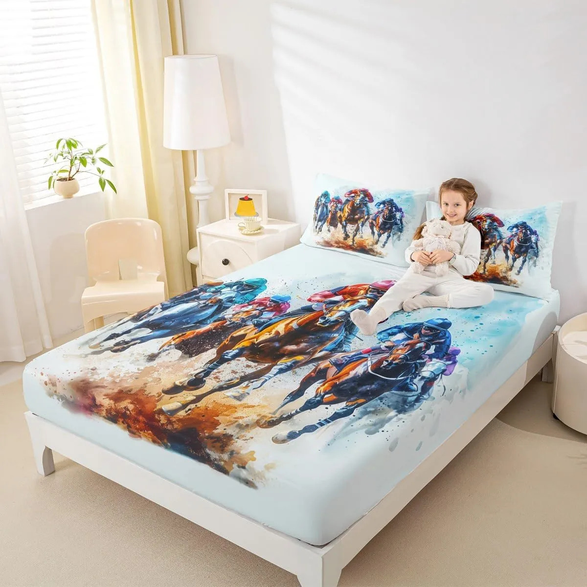 Erosebridal Horse Race King Bed Sheets Western Cowboy Rider Bedding Set Sports Theme Competitive Competition Sheet Set for Kids Boys Teen Adults,Rustic Farmhouse Sports Game Bed Sheet Set 4 Piece