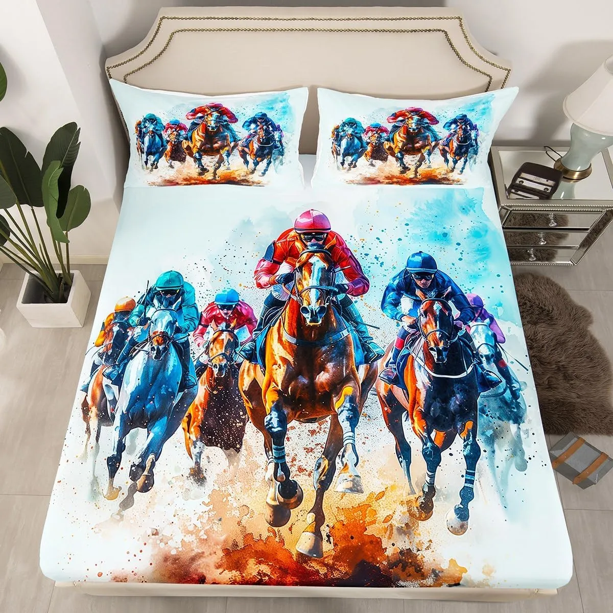 Erosebridal Horse Race King Bed Sheets Western Cowboy Rider Bedding Set Sports Theme Competitive Competition Sheet Set for Kids Boys Teen Adults,Rustic Farmhouse Sports Game Bed Sheet Set 4 Piece