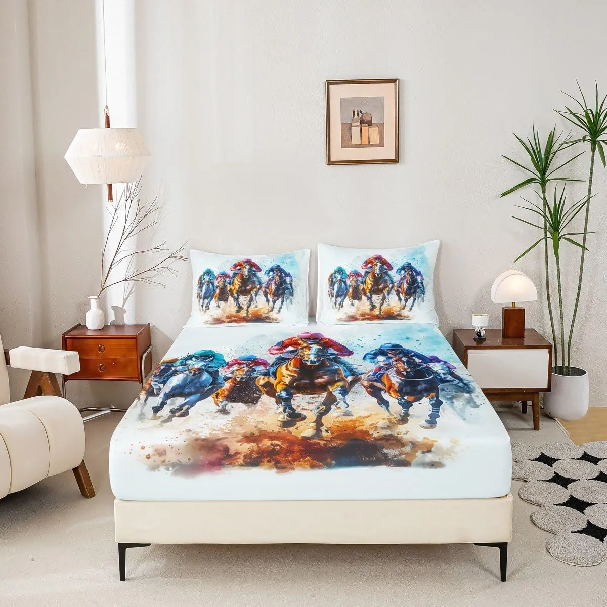 Erosebridal Horse Race King Bed Sheets Western Cowboy Rider Bedding Set Sports Theme Competitive Competition Sheet Set for Kids Boys Teen Adults,Rustic Farmhouse Sports Game Bed Sheet Set 4 Piece